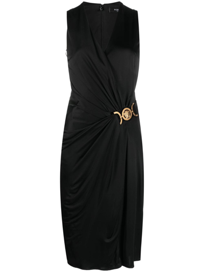 Versace Box-pleat Sleeveless Midi Dress In Nero