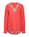 120% Lino Woman Blouse Coral Size 12 Linen In Red