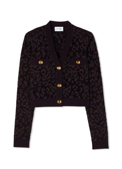 St John Strong-shoulder Metallic Leopard Jacquard Knit Crop Jacket In Aubergine