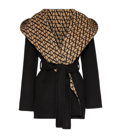 Valentino Wool-blend Vlogo Hooded Coat In Black