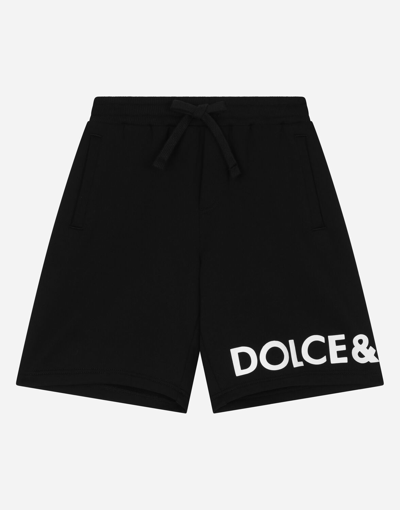 Dolce & Gabbana Kids' Cotton Jogging Shorts With Logo Print In Black