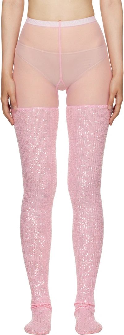 Anna Sui Pink Sequin Tights In Baby Pink