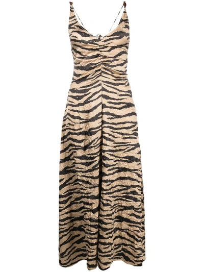 Ganni Tiger-print Midi Dress In Kaki