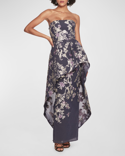 Marchesa Notte Strapless Floral Fil Coupe Column Gown In Blue