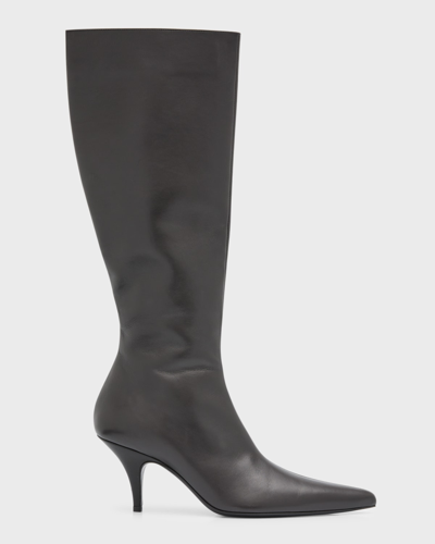 The Row Sling Leather Stiletto Mid Boots In Black