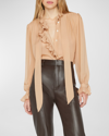 Frame Ruffled Silk Button-front Top In Blush