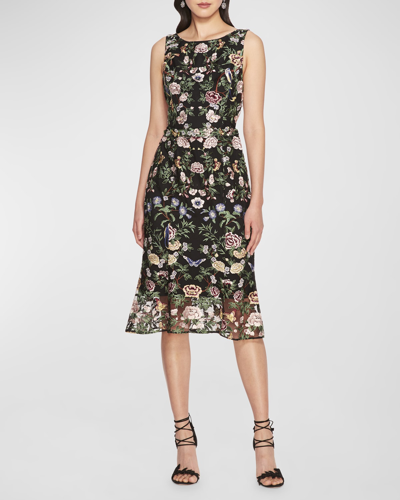 Marchesa Notte Sleeveless Floral-embroidered Tulle Midi Dress In Black