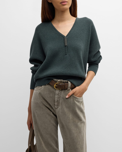 Brunello Cucinelli Monili-embellished V-neck Cashmere Jumper In C8911 Forest Gree