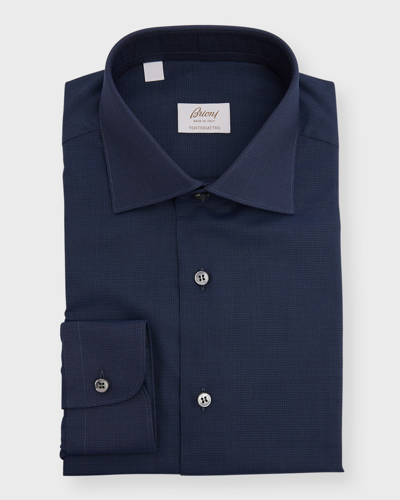 Brioni Men's Ventiquattro Micro-check Dress Shirt In Midnight Blue