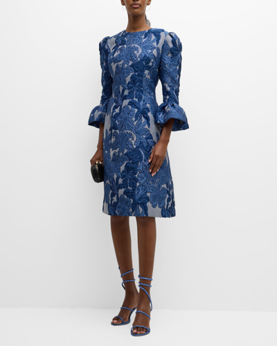 Rickie Freeman For Teri Jon Bell-sleeve Floral Jacquard Midi Dress In Blue Multi