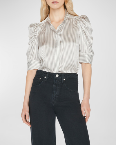 Frame Gillian Stripe Silk Ruched-sleeve Top In Grey