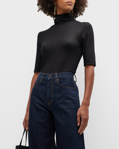 Majestic Soft Touch Metallic Elbow-sleeve Turtleneck In Metal Black