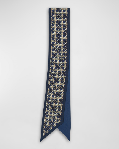 Tory Burch Basketweave Ribbon Reversible Tie Scarf In Navy Basketweave