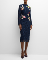 MONIQUE LHUILLIER FLORAL-EMBROIDERED LONG-SLEEVE LACE MIDI DRESS