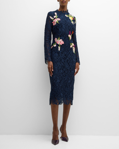 Monique Lhuillier Floral-embroidered Long-sleeve Lace Midi Dress In Navy Multi