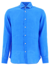 Mc2 Saint Barth Man Watercolor Bluette Linen Shirt Pamplona In Blue