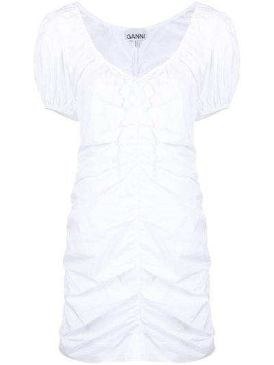 Ganni Short Sleeve Cotton Poplin Mini Dress In White