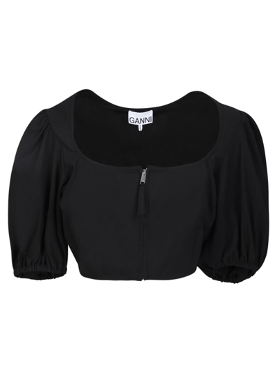 Ganni Cropped Puff-sleeve Blouse In Black
