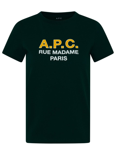Apc Green Crewneck T-shirt With Front Logo Print In Cotton Woman In Black