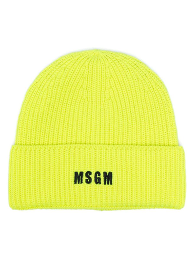 Msgm Logo刺绣罗纹针织套头帽 In Yellow & Orange