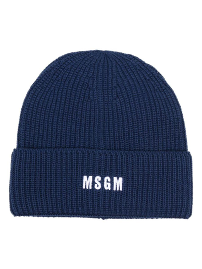 Msgm Logo-embroidered Ribbed-knit Beanie In Blue