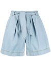 Pinko High-waisted Denim Shorts With Wide Belt In Blue