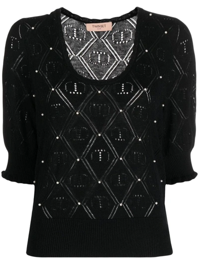 Twinset Oval T Pearl-embellished Knitted Top In Black
