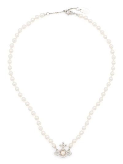 Vivienne Westwood Mini Bas Relief Pearl Necklace In Silver