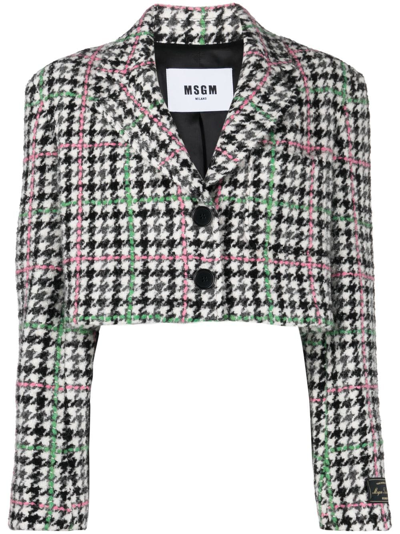 Msgm Cropped Houndstooth Single-breasted Blazer In Grey