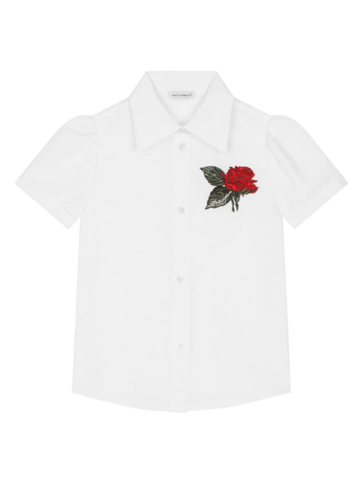 Dolce & Gabbana Kids' Rose-embroidered Puff-sleeve Shirt In White