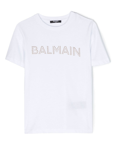 Balmain Kids' Stud-embellished Logo Cotton T-shirt In White