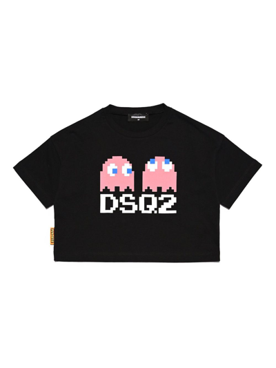 Dsquared2 Kids' Graphic-print Cotton Crop Top In Black
