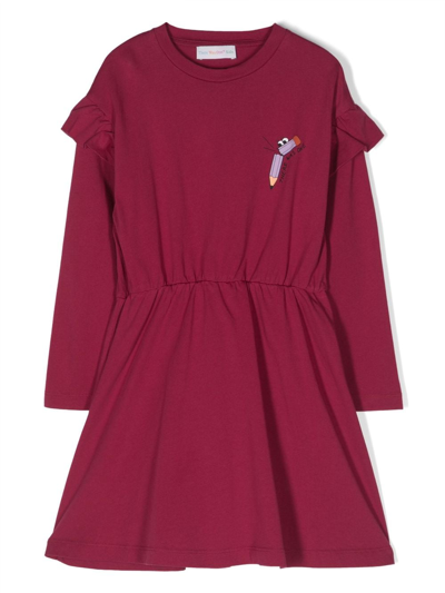 There Was One Kids' Logo-print Ruffled Cotton Dress In Red