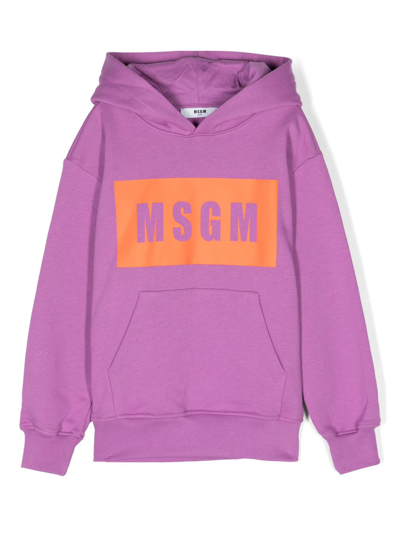 Msgm Kids' Logo-print Cotton Hoodie In Purple