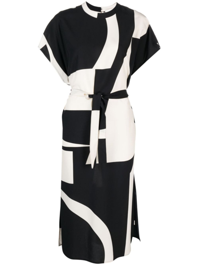 Closed Panelled-design Belted Midi Dress In Patterned Black