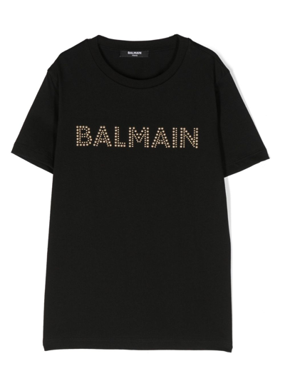 Balmain Kids' Stud-embellished Logo Cotton T-shirt In Black
