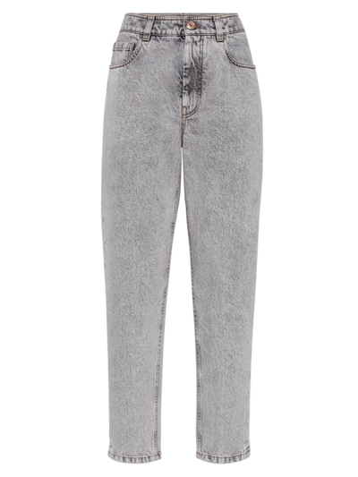 Brunello Cucinelli Soft Denim Straight Trousers With Shiny Details In Light_grey
