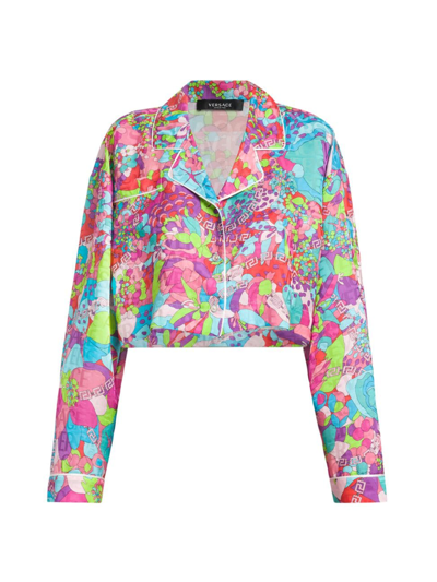 Versace Women's Silk-blend Floral Cropped Blouse In Light Blue