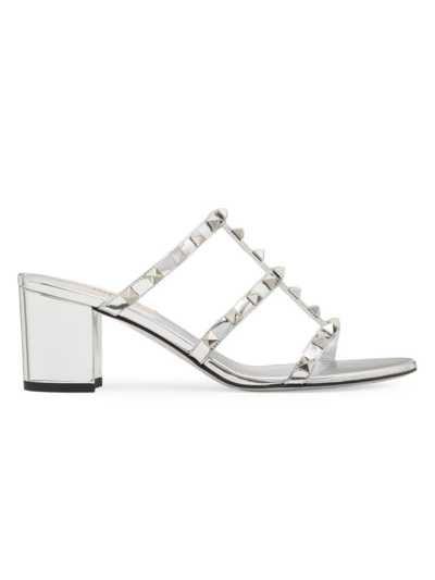 Valentino Garavani Women's Rockstud Mirror-effect Slide Sandals In Silver