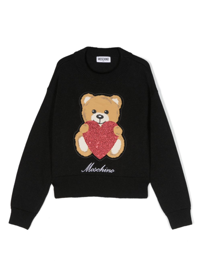 Moschino Kids' Intarsia-knit Logo Jumper In Nero