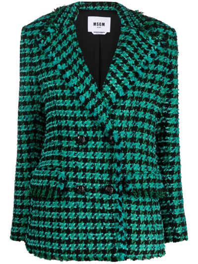 Msgm Tweed Houndstooth Double-breasted Jacket In Green