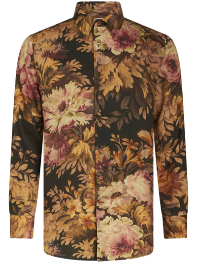 Etro Floral-print Cotton Shirt In Brown