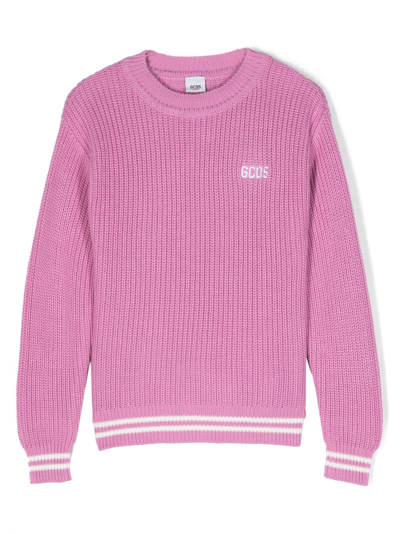 Gcds Kids' Logo Intarsia-knit Cotton Jumper In Pink