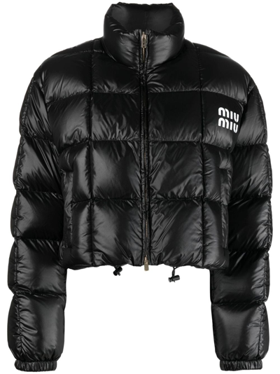 Miu Miu Logo Cropped Down Jacket In Black  