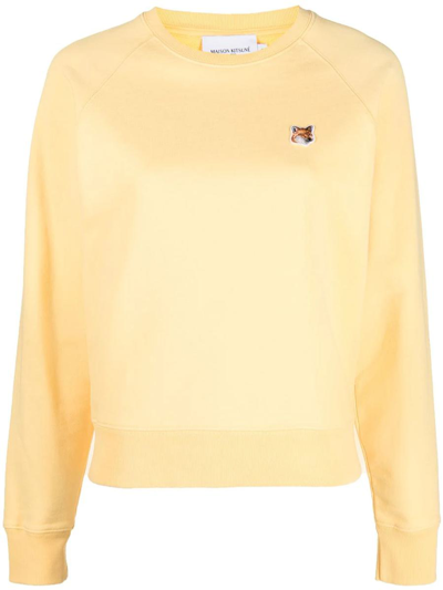 Maison Kitsuné Crew-neck Sweatshirt With Embroidered Patch In Yellow