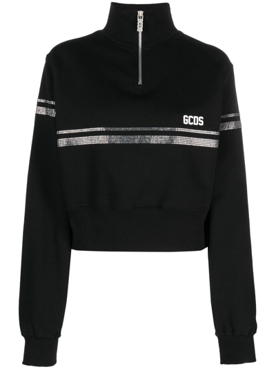 Gcds Rhinestone-embellished Cropped Sweatshirt In Black