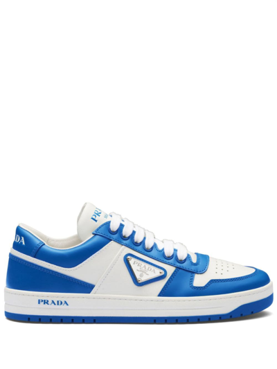 Prada Bicolor Leather Low-top Court Trainers In Bianco + Cobalto