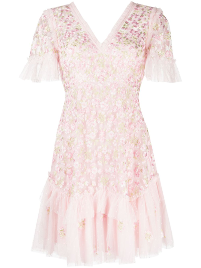 Needle & Thread Evening Primrose Floral-embroidered Tulle Mini Dress In Pink