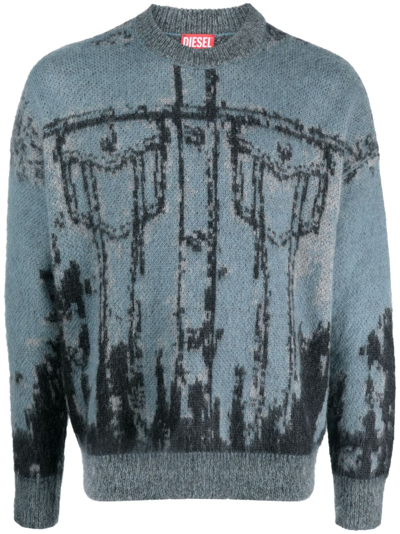 Diesel K-petalo Tromp L'oeil Jacquard Loose Fit V Neck Cardigan In Blue