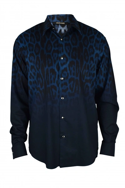 Roberto Cavalli Luxury Shirt For Men    Blue Shirt With Jaguar Print